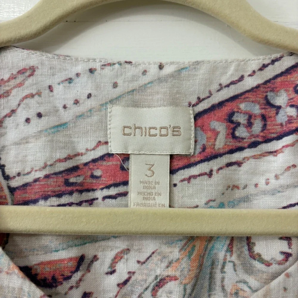 Chico's Linen Zip Up Jacket Shacket Sz 3 (XL) Boho Chic Coastal Paisley Career